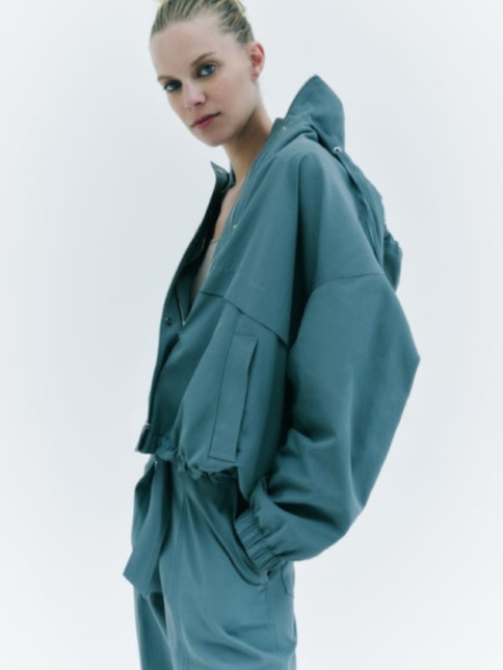 Zara Drawstring Teal Hooded Jacket + High-Waist Tapered Cargo Pant Set